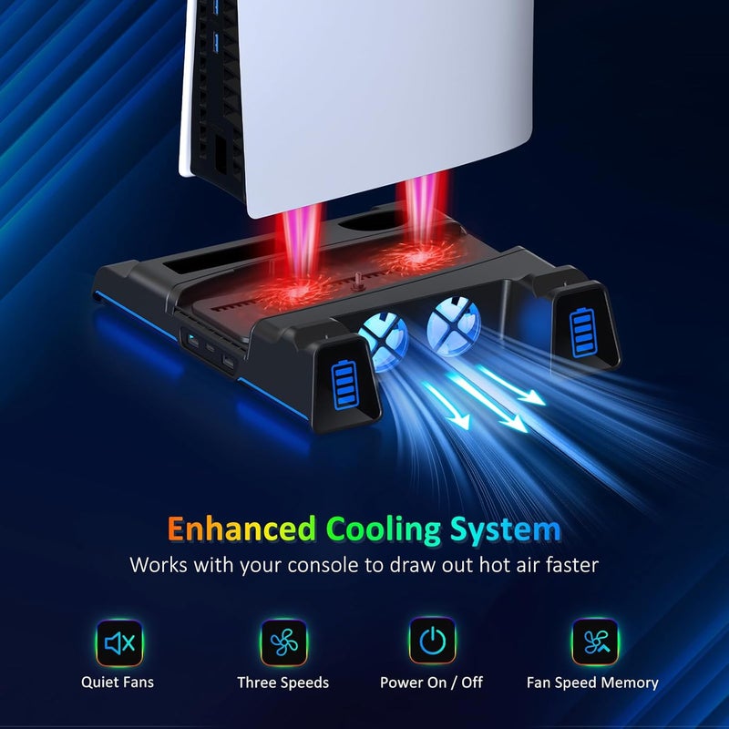 NEXIGO PS5 Silent Cooling Stand for Both PS5 and New PS5 Slim Consoles, RGB LED Light, Dual Charging Station, Compatible with Dual_Sense Edge Controller, Hard Drive, Headset and Remote Holder, Black - Image 2